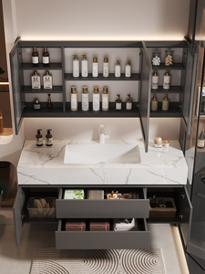 Mobile Bagno Lusso Leggero Tutto-in-uno con Lavabo Integrato, Top in Ceramica Effetto Roccia Senza Giunzioni, Pannello Porta Laccato e Specchiera - Product Image 3