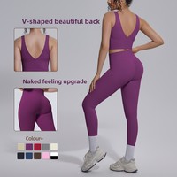 Ensemble de yoga deux pièces respirant et moulant pour femme, avec dos en V et brocart double face de couleur unie, idéal pour le sport, la course et le fitness.