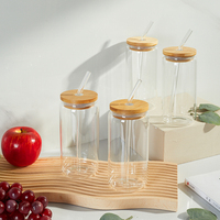 Entrepôt aux États-Unis en vrac 16oz flans givré sublimation verre borosilicate peut tasses avec couvercles et pailles en bambou