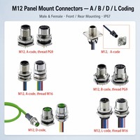 Connecteur M12 DIN à montage sur panneau, codes A/B/C/D/L, étanche IP67, mâle/femelle, compatible PCB, 3-17 broches, en stock, expédition rapide