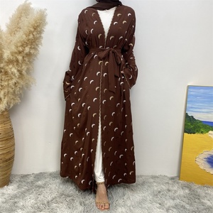 2002# Modesty Moon Embroidery Open Abaya for Muslim Women Crepe Cardigan Islamic Clothing Ramadan Eid Outfit 4 Colors - Product Image 4