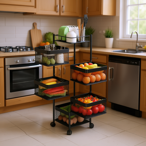 Étagère de rangement rotative en métal à 5 niveaux avec roulettes, chariot de rangement autoportant pour cuisine et salle de bain, pour le stockage des fruits et légumes - Product Image 2