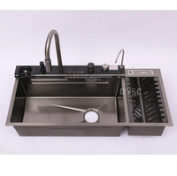 Évier de cuisine intelligent à double cuvette en nid d'abeille en acier inoxydable Évier cascade à affichage numérique à 7 boutons avec porte-vaisselle