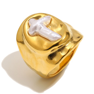 2026 Viral Hammered Irregular Frame Pearl Embedded Cross Stainless Steel Two Tone Unisex <b>Thick</b> Band Signet Finger <b>Ring</b> - Product Image 1