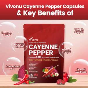 Complément en gélules VivoNu au poivre de Cayenne : Soutient la santé cardiaque, des veines des jambes et des vaisseaux sanguins, améliore la densité osseuse, Vitamine <span class=keywords><strong>E</strong></span>, <span class=keywords><strong>D3</strong></span>+<span class=keywords><strong>K2</strong></span> - Product Image 1