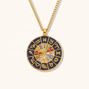 New Double Sides Gold Plated 12 Zodiac Zircon Coin Necklace Jewelry Stainless Steel Enamel Pendant Necklace