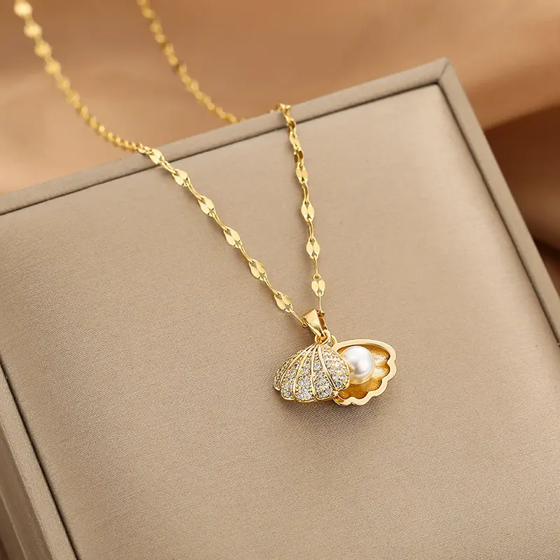 Collier pendentif en perles de coquillage plaqué or 18k, chaîne de clavicule en diamant en or rose pour femmes