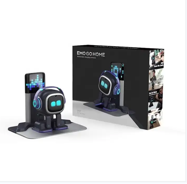 Black EMO Go Home Robot with Charging Station Intelligent Companion of Pet Voice AI Desktop Robot Pet for Kids