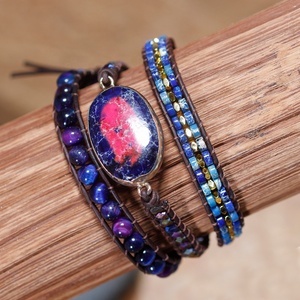 Braccialetti Avvolgenti in Pelle Multistrato BOHO con Pietre Blu e Rosse, Bracciale con Perline, Gioielli Bohemien per Ragazze, Bijoux all'Ingrosso - Product Image 1