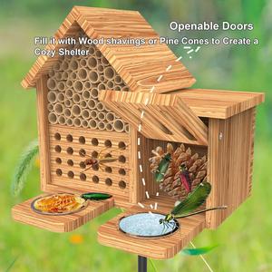 โรงแรมแมลงกันน้ำ ทำจากไม้ธรรมชาติ สำหรับผึ้งเมสัน พร้อมที่ให้อาหารและเสาโลหะ - Product Image 6