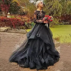Mumuleo Black Gothic Wedding Dresses Long Sleeves Lace Slash Neck Ruffles Tulle Ball Gown Two Piece Bridal Dresses Wedding