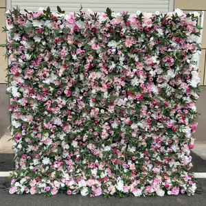 Tessuto rosa rosa pannello fiore con foglie fiore artificiale arrotolare parete fiore pannello sfondo fiore 8 * 8ft