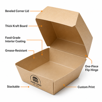 Boîte à hamburger en papier kraft avec couvercle rabattable, vente en gros, personnalisable avec logo, haute qualité, robuste, la plus vendue, pour plats à emporter