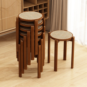 Round <b>Stool</b> With Rattan Top Solid Wood Legs For Home Dining Chair Use - Product Image 2