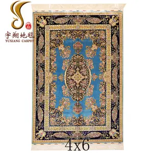 Yuxiang 4x6 ft bleu Floral fait à la main en soie Tapetes Turcos De Seda Teppich Tappeti Alfombras