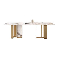 Ensemble Table à Manger de Luxe en Métal pour Villa, 8 Places, Plateau Marbre Ardoise, Grand Mobilier de Salle à Manger Complet