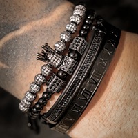 Juego de Pulseras de Lujo para Hombre, Estilo Hip Hop, 4 Piezas, Acero Inoxidable, Números Romanos, Micro Pavé, Corona, Cuentas, Regalo para Hombre