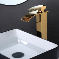 Robinet de salle de bain cascade haut en titane doré - Robinet de lavabo à poignée unique chaud et froid avec corps haut carré moderne