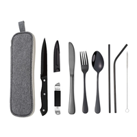 Ensemble de couverts portables écologiques et durables en acier inoxydable avec sac de rangement, couteau, fourchette, cuillère, baguettes, paille pour pique-nique en plein air