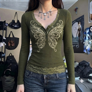 Top de Punto con Estampado de Mariposas y Encaje, Cuello en V, Botones al Frente, Estilo Y2K, Ajustado, Vintage, para Chicas Modernas - Product Image 3