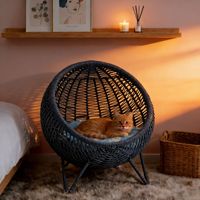 Lit pour animaux de compagnie hémisphérique en faux rotin bleu de style luxe léger, tapis en coton amovible lavable en machine, cadre en métal antidérapant