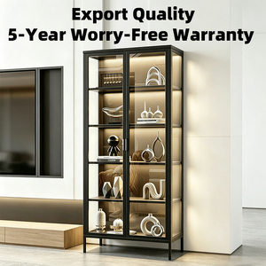 Modern <strong>Black</strong> Steel Glass <strong>Display</strong> <strong>Cabinet</strong> With LED Light Tall Storage Shelf Metal Frame Glass Door Bookcase for Living Room Decor - Product Image 1