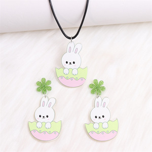 Ensemble de <span class=keywords><strong>bijoux</strong></span> Fanyue avec boucles d'oreilles et collier en acrylique imprimé lapin de Pâques mignon pour femmes, cadeau 2024 - Product Image 3