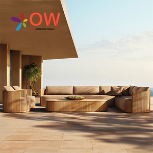 Bộ bàn ghế <span class=keywords><strong>sofa</strong></span> ngoài trời hình chữ L bằng gỗ tếch, chống nước, gồm bàn trà gỗ, dành cho khách sạn hiện đại. - Product Image 1