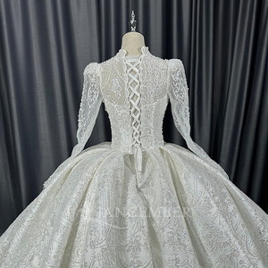Lscm105 Royal Ivory Sheer Long Sleeve Ball Gown <b>Wedding</b> Dress Heavy Sparkling Floral Embroidery Lace Up Back Jancember - Product Image 6