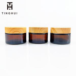 Custom Print logo 50g 100g 50ml 100ml Cosmetic Lotion Jar Frosted <b>Glass</b> Jars with Bamboo Wooden Lids - Product Image 6