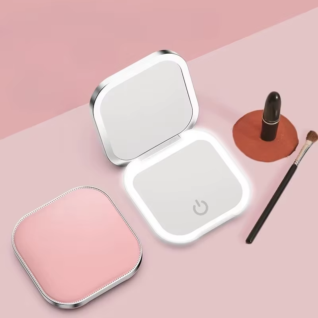 Portable LED Makeup Mirror Double Side Light Three-color Light Portable Folding Handheld USB Charging Small Mirror