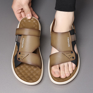 Men's Genuine Leather Flat Sandals Open Toe Rubber Outsole Anti Slip Casual <b>Beach</b> <b>Shoes</b> - Product Image 2