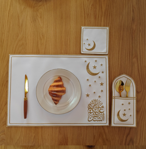 DAMAI Wholesale Eid Mubarak Star Moon <b>Placemats</b> Leather Embroidered Cutlery Bags Waterproof HeatResistant for Hotel Restaurant - Product Image 1