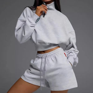Fashion Custom Damen Quarter Zip Pullover Hoodie und Shorts Set Siebdruck Baumwolle Fleece Tracked Suit - Product Image 5
