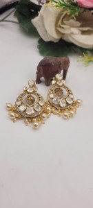 Luxury Handcrafted Kundan Polki Pearl Chandbali Earrings Set Gold Plated Traditional Bridal Statement Earrings for Women - Product Image 3