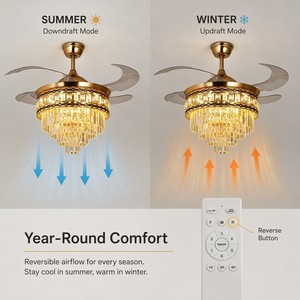 Gold Crystal Invisible Ceiling Fan with 3-Color Dimmable Light - Super Quiet 6-Speed Reversible Fan for Living Room and Bedroom - Product Image 2