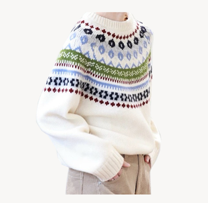 NARI Daily Women's Oversized Crew Neck Fair Isle Wool Knitted Sweater Pullovers <span class=keywords><strong>Pull</strong></span> <span class=keywords><strong>de</strong></span> <span class=keywords><strong>ski</strong></span> chaud et à manches longues <span class=keywords><strong>de</strong></span> style coréen - Product Image 1