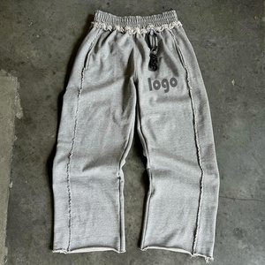 <b>Men's</b> 100% Cotton Wide Leg Sweatpants Mid Elastic Breathable Baggy Trousers <b>Cropped</b> Casual <b>Pants</b> OEM Service for Streetwear - Product Image 1