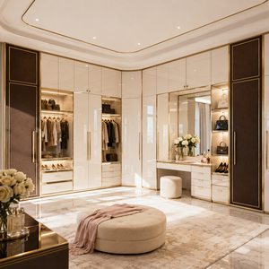 Dressing intégré moderne sur mesure avec zones de suspension, rangements à tiroirs et meuble-lavabo intégré, fabriqué sur mesure - Product Image 5