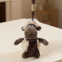 Porte-clés mignon en peluche de mouton de dessin animé avec corps en laine bouclée et écharpe à carreaux, doux et moelleux