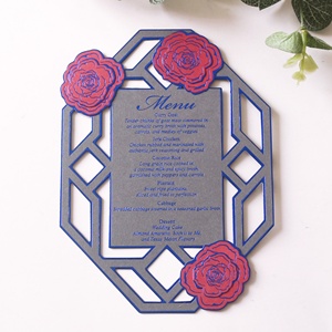 Flor fucsia diseño romántico menú de boda personalizado 7 pulgadas <span class=keywords><strong>restaurante</strong></span> menú tarjetas lámina DIY Logo papel cortado con láser música Anime - Product Image 1