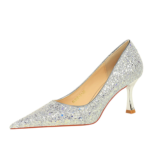 1818-3 BIGTREE Zapatos de Tacón Alto de Moda Coreana para Banquete, Tacón Metálico, Tacón Alto, Punta Puntiaguda, Tela Brillante con Lentejuelas, Modelo Individual - Product Image 3