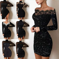 Robe de soirée vintage asymétrique noire en dentelle, ajustée, au-dessus du genou, style européen et américain, pour femme, couvrant les hanches