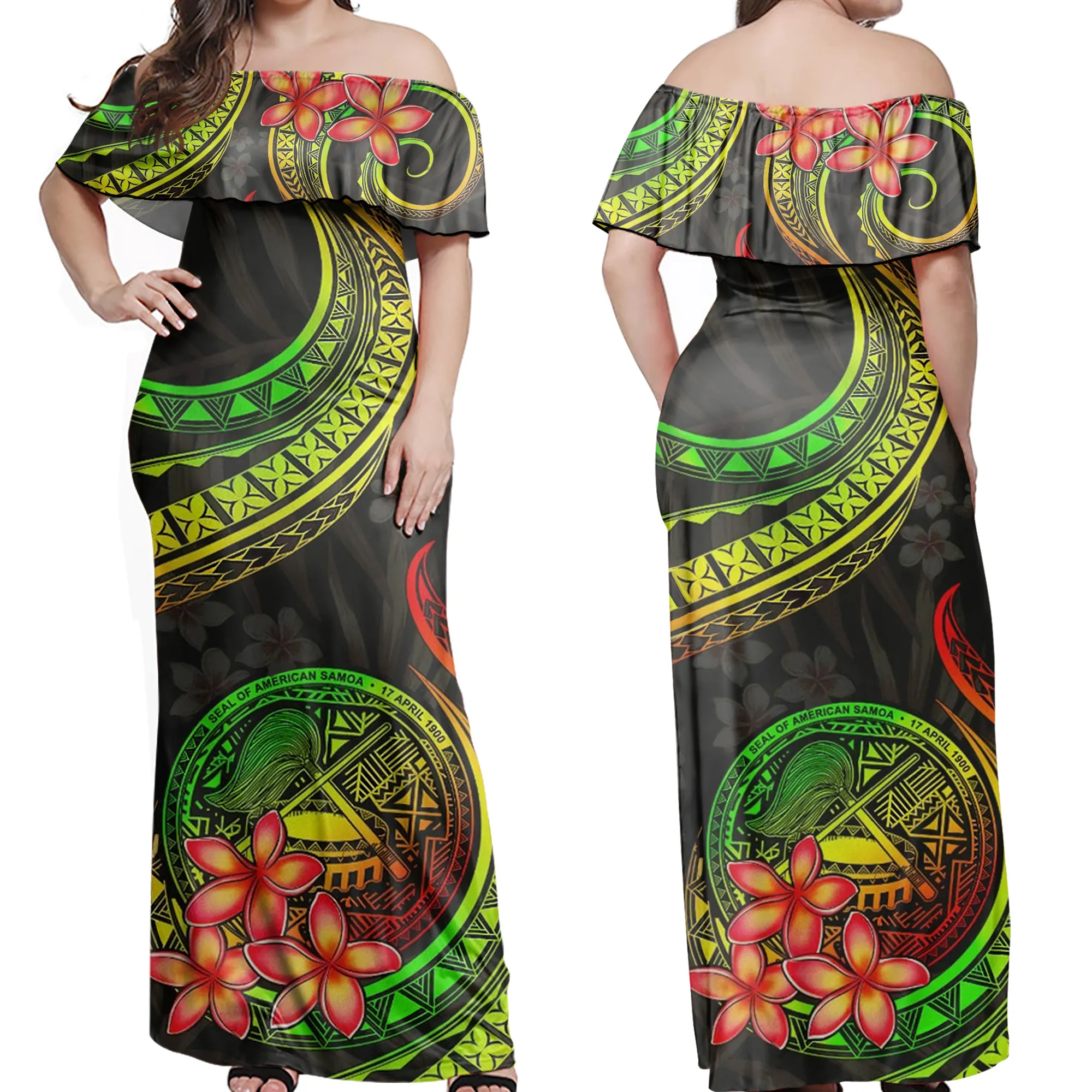 SAMOA Americana par vestido polinesio diseño Casual mujeres hombro damas mujer de fiesta de playa cintura vestido casual