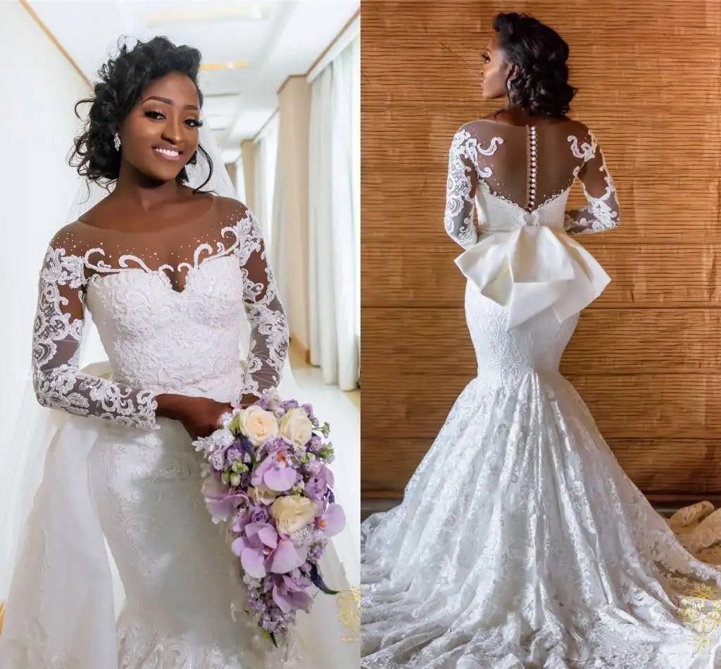 Luxus African Langen Ärmeln Meerjungfrau Hochzeit Kleid Mit Abnehmbaren Zug Tüll Spitze Applique Perlen Plus Größe Braut