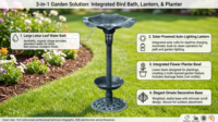 Mangeoire à oiseaux solaire LED écologique de style antique, avec base remplie de pierres, résistante aux intempéries, en résine, avec toit de gazebo pour jardin extérieur