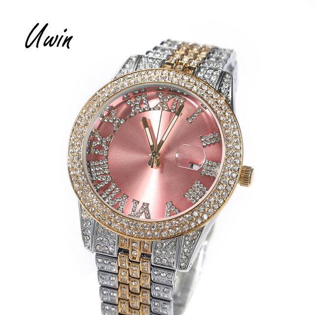 Uwin New Arrival Iced Out Luxury Wrist Watch Quartz Watch Two Tone Watches Rhinestones for Women Man Rapper