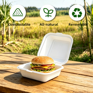 Boîte à burger carrée de luxe en bagasse de canne à sucre, jetable, compostable, biodégradable, avec couvercle, portable pour l'extérieur, conteneur alimentaire à clapet - Product Image 4