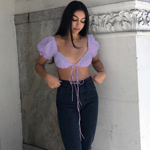 Blusa Blanca con Mangas Abullonadas, <span class=keywords><strong>Top</strong></span> con Lazada Delantera para Mujer, Camisas Fruncidas Criptográficas, Elegantes y Sensuales Tops Cortos sin Espalda, Blusas de Moda - Product Image 1