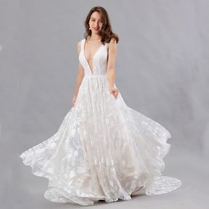 White A-Line Chiffon Embroidery Bridal Gown V-Neck Empire Waist Wedding Dress - Product Image 2